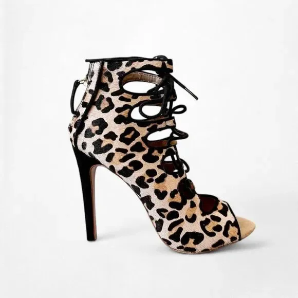 Zara Brown Leopard Print Ankle Lace Up Peep Toe Stiletto Heel Size 5.5/6